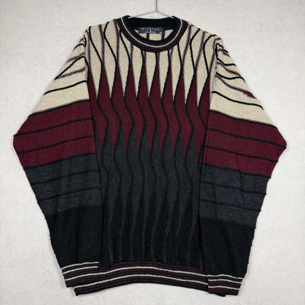 Vintage Protege Collection Sweater Mens XL 3D Knit Wavy Geometric Black Burgundy